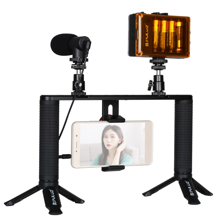 PULUZ 4 in 1 Vlogging Live Broadcast LED Selfie Light Smartphone Video Rig Handle Stabilizer Aluminum Bracket Kits with Microphone + Tripod Mount + Cold Shoe Tripod Head - Camera Cage by PULUZ | Online Shopping UK | buy2fix