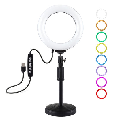 PULUZ 6.2 inch 16cm USB 10 Modes 8 Colors RGBW Dimmable LED Ring Vlogging Photography Video Lights + Round Base Desktop Mount with Cold Shoe Tripod Ball Head(Black) - Ring Light by PULUZ | Online Shopping UK | buy2fix