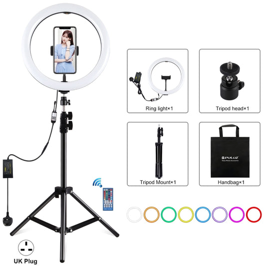 PULUZ 11.8 inch 30cm RGB Light 1.1m Tripod Mount Dimmable LED Ring Vlogging Selfie Photography Video Lights Live Broadcast Kits with Cold Shoe Tripod Ball Head & Phone Clamp(UK Plug) - Ring Light by PULUZ | Online Shopping UK | buy2fix