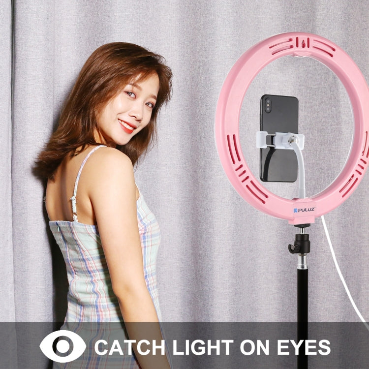 PULUZ 10.2 inch 26cm USB 3 Modes Dimmable Dual Color Temperature LED Curved Diffuse Light Ring Vlogging Selfie Photography Video Lights with Phone Clamp(Pink) - Ring Light by PULUZ | Online Shopping UK | buy2fix