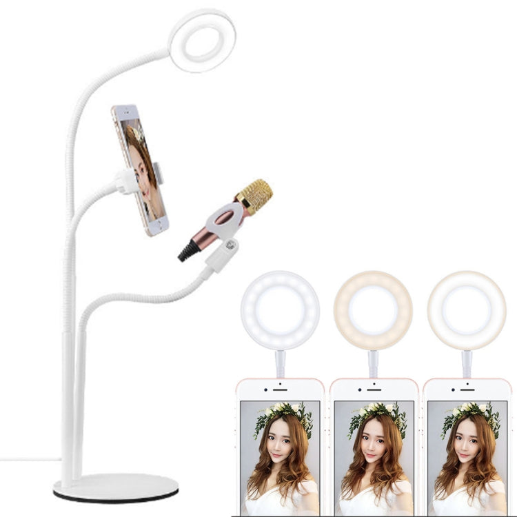 Universal Cell Phone Holder Bracket Selfie Ring Light with Microphone Clip & 3-Color Light Adjustment, for Studio Recording, Live Broadcast, Live Show, KTV, etc.(White) - Consumer Electronics by buy2fix | Online Shopping UK | buy2fix