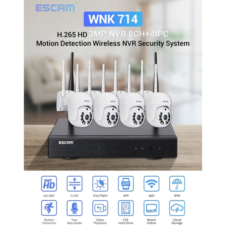 ESCAM WNK714 3.0 Million Pixels 4-channel HD Dome Camera NVR Wireless Monitoring Kit, UK Plug - Video Recorder Kit by ESCAM | Online Shopping UK | buy2fix