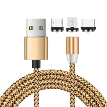 3 in 1 USB to 8 Pin + Type-C/USB-C + Micro USB Magnetic Metal Interface Nylon Braided Charging Cable, Length: 1m(Golden) - Mobile Accessories by buy2fix | Online Shopping UK | buy2fix