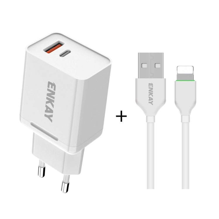 ENKAY Hat-Prince T030 18W 3A PD + QC3.0 Dual USB Fast Charging Power Adapter EU Plug Portable Travel Charger With 1m 3A 8 Pin Cable - Mobile Accessories by ENKAY | Online Shopping UK | buy2fix