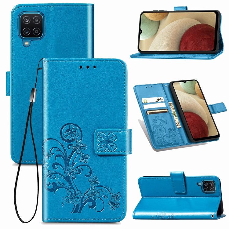 Four-leaf Clasp Embossed Buckle Mobile Phone Protection Leather Case with Lanyard & Card Slot & Wallet & Bracket Function For Samsung Galaxy A12(Blue) - Samsung Accessories by buy2fix | Online Shopping UK | buy2fix