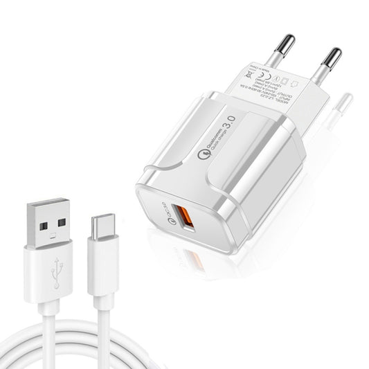 LZ-023 18W QC 3.0 USB Portable Travel Charger + 3A USB to Type-C Data Cable, EU Plug(White) - Mobile Accessories by buy2fix | Online Shopping UK | buy2fix