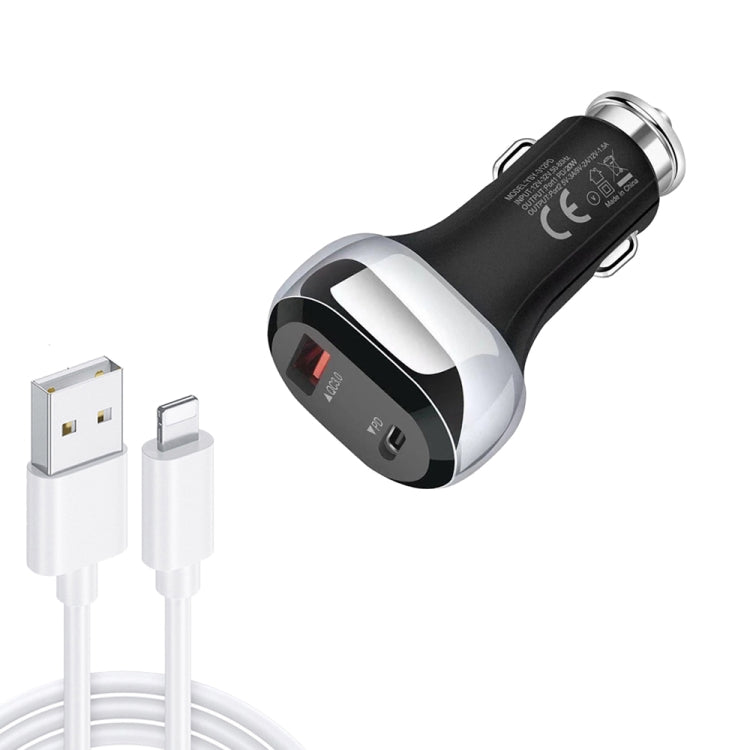 YSY-312PD QC3.0 18W USB + PD 20W USB-C / Type-C Car Charger with USB to 8 Pin Data Cable(Black) - In Car by buy2fix | Online Shopping UK | buy2fix