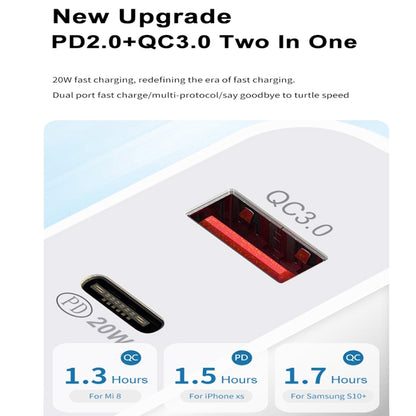 20W PD Type-C + QC 3.0 USB Interface Fast Charging Travel Charger with USB-C / Type-C to 8 Pin Fast Charge Data Cable US Plug - Apple Accessories by buy2fix | Online Shopping UK | buy2fix