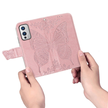 For OnePlus 9 Butterfly Love Flowers Embossed Horizontal Flip Leather Case with Holder & Card Slots & Wallet & Lanyard(Rose Gold) - OnePlus Cases by buy2fix | Online Shopping UK | buy2fix