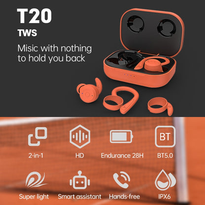 T20 TWS Bluetooth Hooks Wireless Sports Headphones with Charging Box IPX6 Waterproof Noise-cancelling Earphones(Orange) - Bluetooth Earphone by buy2fix | Online Shopping UK | buy2fix