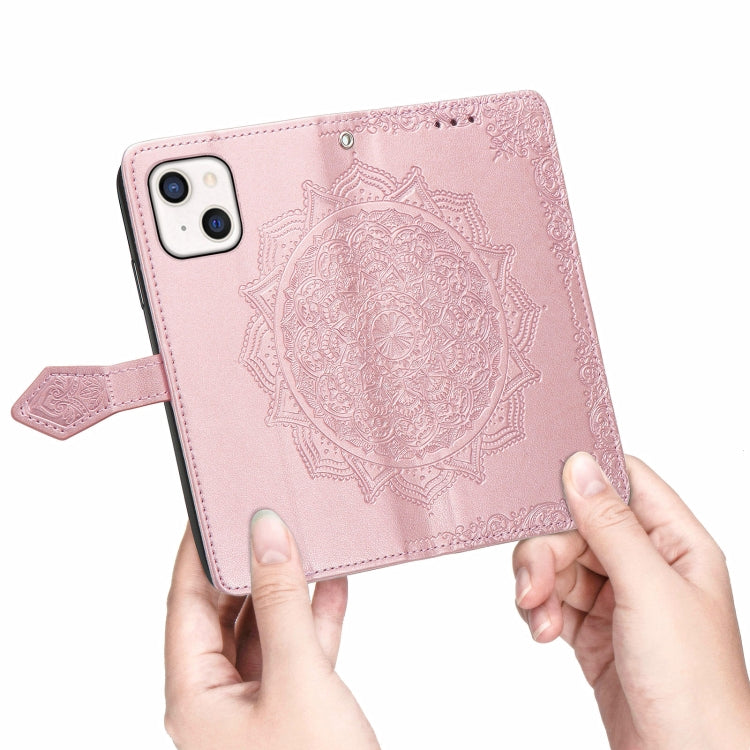 For iPhone 13 Mandala Flower Embossed Horizontal Flip Leather Case with Holder & Three Card Slots & Wallet & Lanyard (Rose Gold) - Apple Accessories by buy2fix | Online Shopping UK | buy2fix