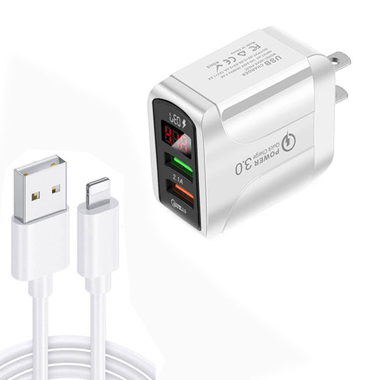 F002C QC3.0 USB + USB 2.0 LED Digital Display Fast Charger with USB to 8 Pin Data Cable, US Plug(White) - Apple Accessories by buy2fix | Online Shopping UK | buy2fix