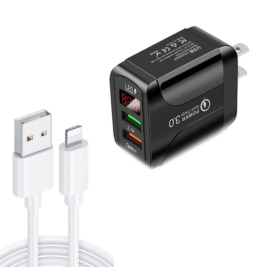 F002C QC3.0 USB + USB 2.0 LED Digital Display Fast Charger with USB to 8 Pin Data Cable, US Plug(Black) - Apple Accessories by buy2fix | Online Shopping UK | buy2fix