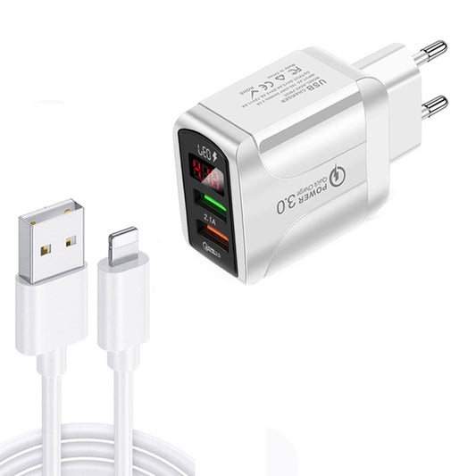 F002C QC3.0 USB + USB 2.0 LED Digital Display Fast Charger with USB to 8 Pin Data Cable, EU Plug(White) - Apple Accessories by buy2fix | Online Shopping UK | buy2fix
