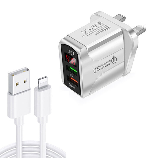 F002C QC3.0 USB + USB 2.0 LED Digital Display Fast Charger with USB to 8 Pin Data Cable, UK Plug(White) - Apple Accessories by buy2fix | Online Shopping UK | buy2fix