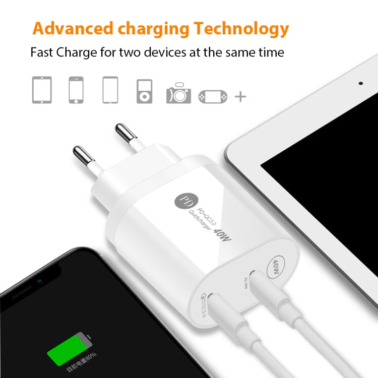 40W Dual Port PD / Type-C Fast Charger for iPhone / iPad Series, EU Plug(Black) - Apple Accessories by buy2fix | Online Shopping UK | buy2fix