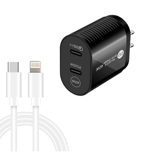 40W Dual Port PD / Type-C Fast Charger with Type-C to 8 Pin Data Cable, US Plug(Black) - Apple Accessories by buy2fix | Online Shopping UK | buy2fix