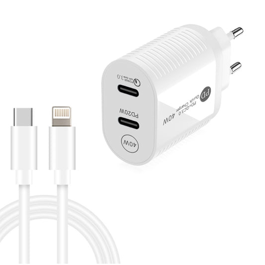 40W Dual Port PD / Type-C Fast Charger with Type-C to 8 Pin Data Cable, EU Plug(White) - Apple Accessories by buy2fix | Online Shopping UK | buy2fix