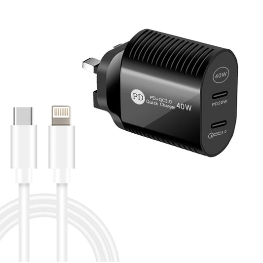 40W Dual Port PD / Type-C Fast Charger with Type-C to 8 Pin Data Cable, UK Plug(Black) - Apple Accessories by buy2fix | Online Shopping UK | buy2fix