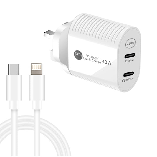 40W Dual Port PD / Type-C Fast Charger with Type-C to 8 Pin Data Cable, UK Plug(White) - Apple Accessories by buy2fix | Online Shopping UK | buy2fix