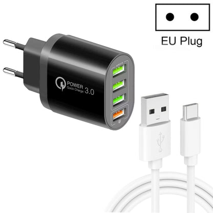 QC-04 QC3.0 + 3 x USB2.0 Multi-ports Charger with 3A USB to Type-C Data Cable, EU Plug(Black) - Mobile Accessories by buy2fix | Online Shopping UK | buy2fix