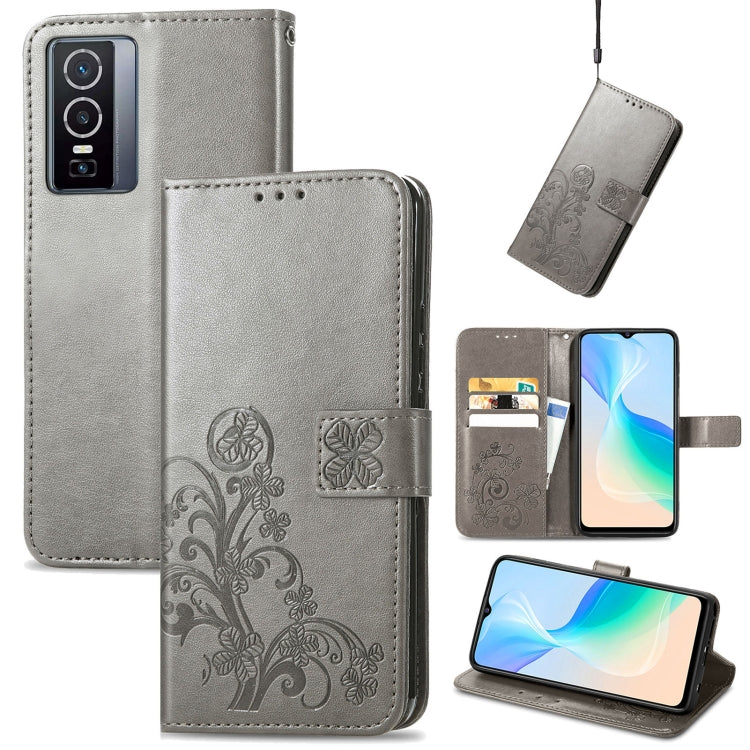 For vivo Y76 5G Four-leaf Clasp Embossed Buckle Leather Phone Case(Gray) - OPPO & vivo Accessories by buy2fix | Online Shopping UK | buy2fix