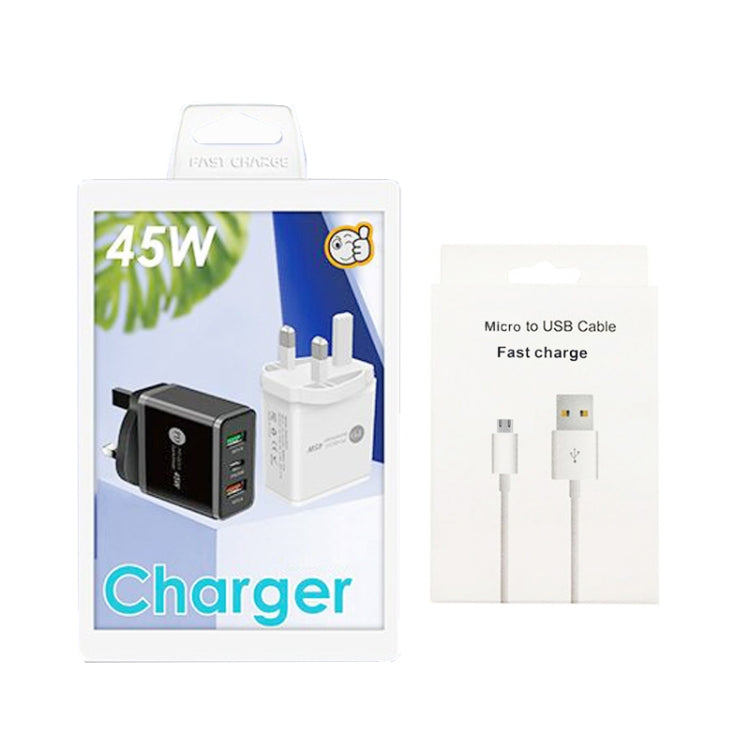 45W PD25W + 2 x QC3.0 USB Multi Port Charger with USB to Micro USB Cable, UK Plug(Black) - Mobile Accessories by buy2fix | Online Shopping UK | buy2fix