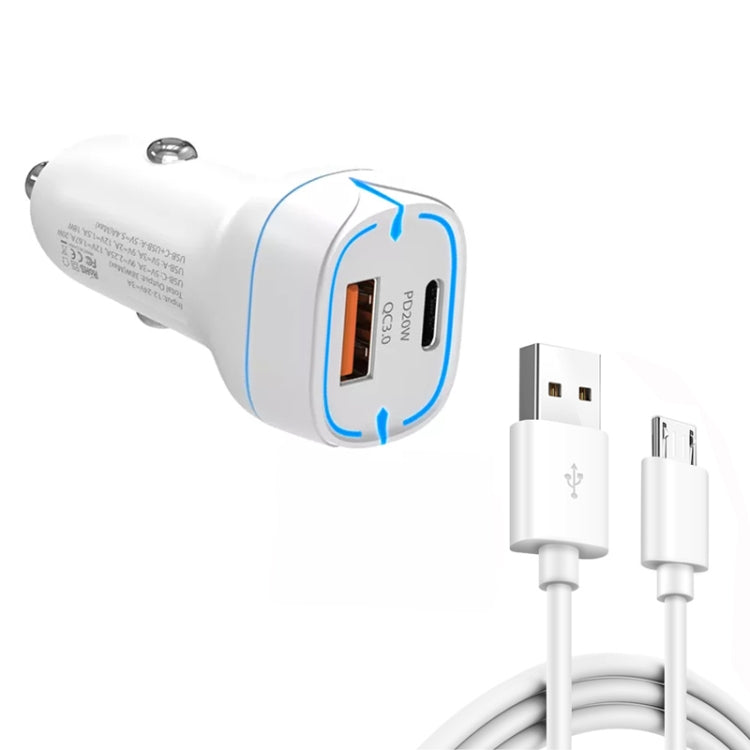 38W PD20W + QC3.0 USB Car Charger with USB to Micro USB Data Cable, Length: 1m(White) - In Car by buy2fix | Online Shopping UK | buy2fix