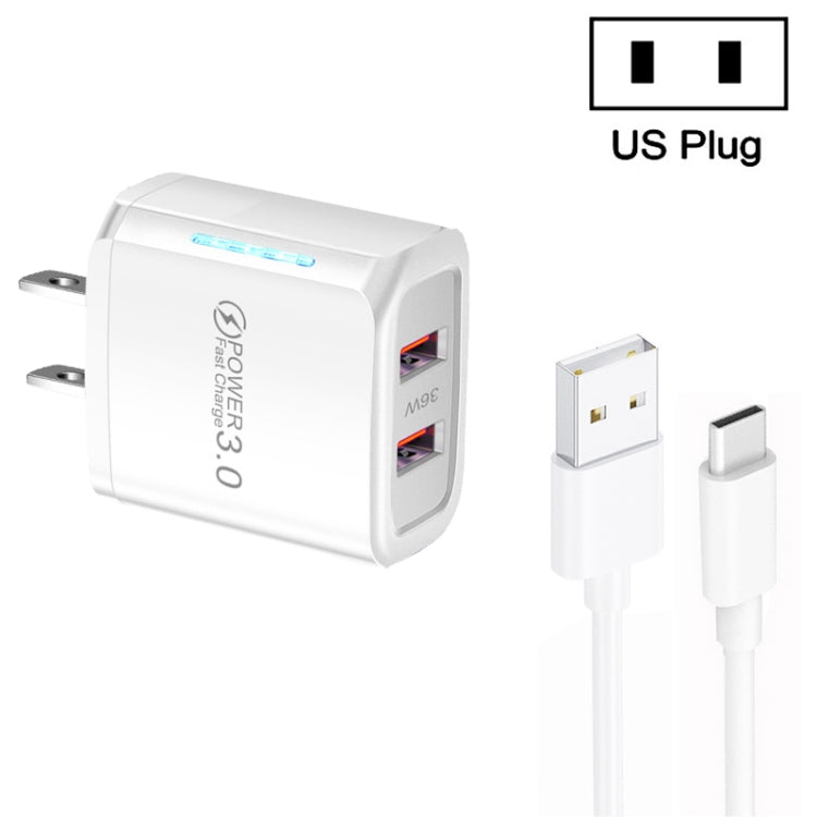 36W Dual Port QC3.0 USB Charger with 3A USB to Type-C Data Cable, US Plug(White) - Mobile Accessories by buy2fix | Online Shopping UK | buy2fix