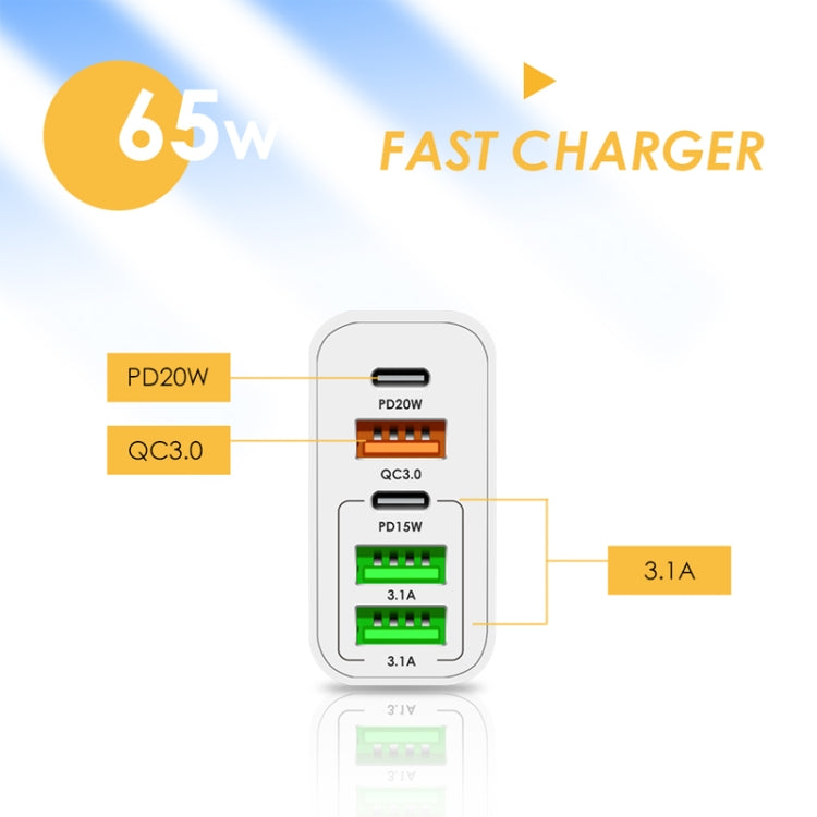 65W Dual PD Type-C + 3 x USB Multi Port Charger with 3A Type-C to Type-C Data Cable, US Plug(White) - Mobile Accessories by buy2fix | Online Shopping UK | buy2fix