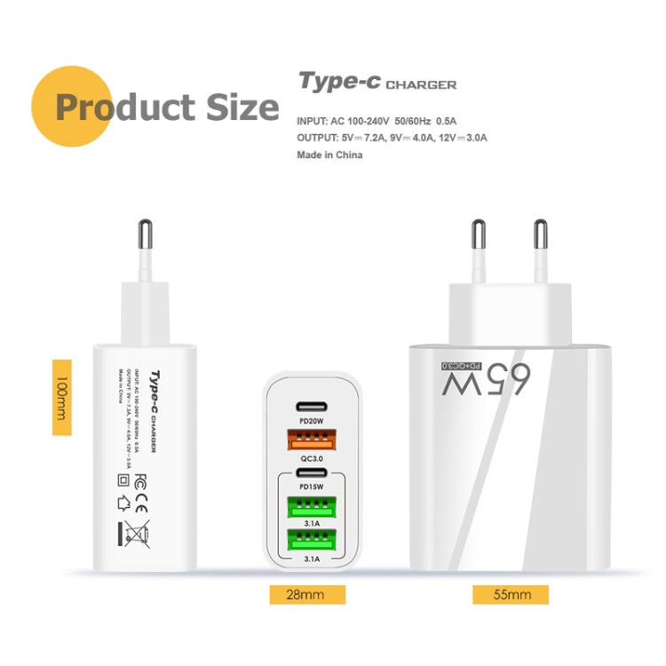 65W Dual PD Type-C + 3 x USB Multi Port Charger with 3A USB to Micro USB Data Cable, UK Plug(White) - Mobile Accessories by buy2fix | Online Shopping UK | buy2fix