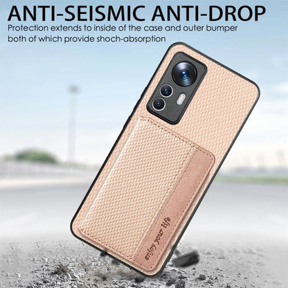 For Xiaomi 12T Carbon Fiber Magnetic Card Bag Phone Case(Khaki) - Xiaomi Cases by buy2fix | Online Shopping UK | buy2fix