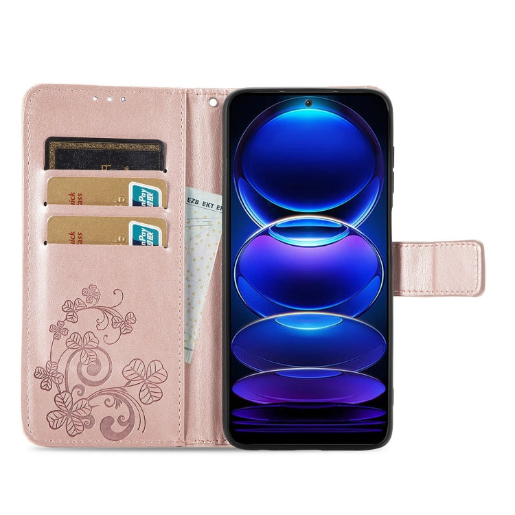 For Xiaomi Redmi Note 12 5G Global Four-leaf Clasp Embossed Buckle Leather Phone Case(Rose Gold) - Note 12 Cases by buy2fix | Online Shopping UK | buy2fix