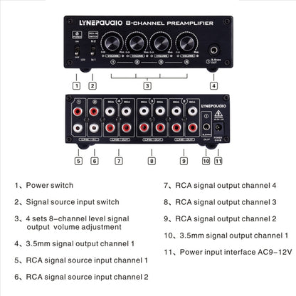 2 in 8 out Switcher Pre-Amplifier Speaker Distributor Signal Booster with Volume Control And Earphone 16-600 ohms / Monitor Function - Consumer Electronics by buy2fix | Online Shopping UK | buy2fix