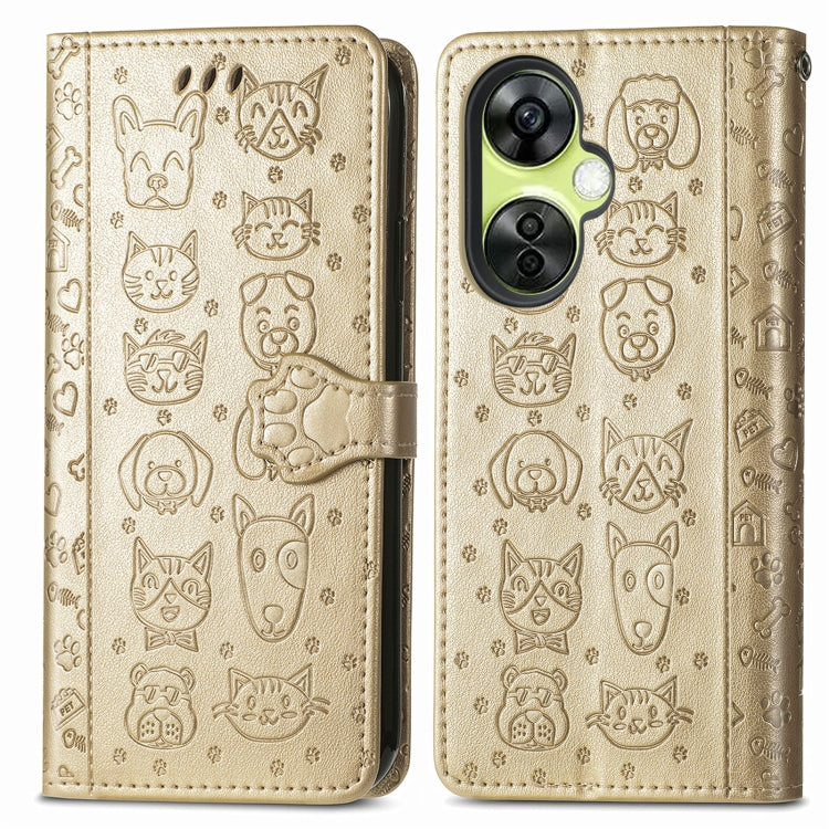 For OnePlus Nord CE 3 Lite Cat and Dog Embossed Leather Phone Case(Gold) - OnePlus Cases by buy2fix | Online Shopping UK | buy2fix