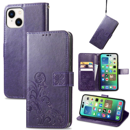 For iPhone 15 Plus Four-leaf Clasp Embossed Buckle Leather Phone Case(Purple) - iPhone 15 Plus Cases by buy2fix | Online Shopping UK | buy2fix