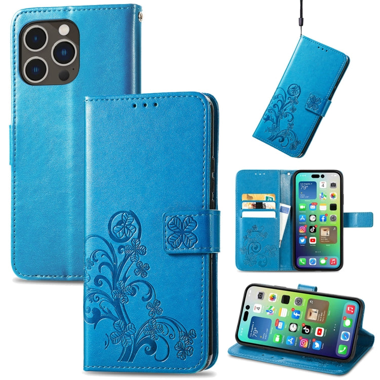 For iPhone 15 Pro Max Four-leaf Clasp Embossed Buckle Leather Phone Case(Blue) - iPhone 15 Pro Max Cases by buy2fix | Online Shopping UK | buy2fix