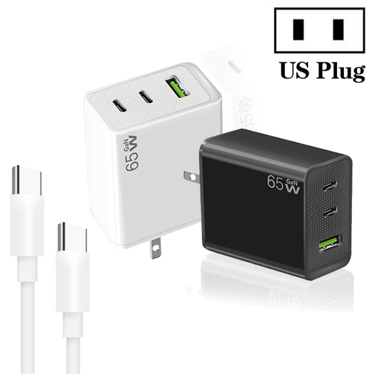 GaN PD65W Type-C x 2 + USB3.0 Charger with Type-C to Type-C Data Cable ,US Plug(Black) - USB Charger by buy2fix | Online Shopping UK | buy2fix