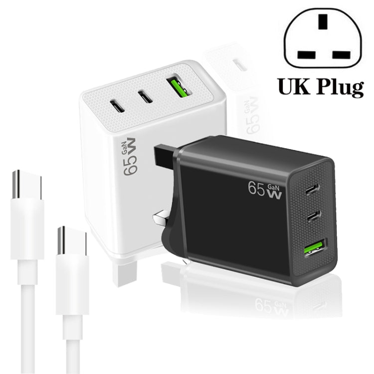 GaN PD65W Type-C x 2 + USB3.0 Charger with Type-C to Type-C Data Cable ,UK Plug(White) - USB Charger by buy2fix | Online Shopping UK | buy2fix