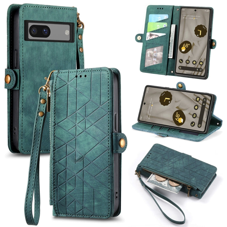 For Google Pixel 6 Pro Geometric Zipper Wallet Side Buckle Leather Phone Case(Green) - Google Cases by buy2fix | Online Shopping UK | buy2fix