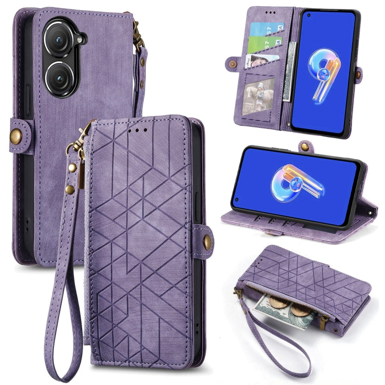 For ASUS Zenfone 10 Geometric Zipper Wallet Side Buckle Leather Phone Case(Purple) - ASUS Cases by buy2fix | Online Shopping UK | buy2fix