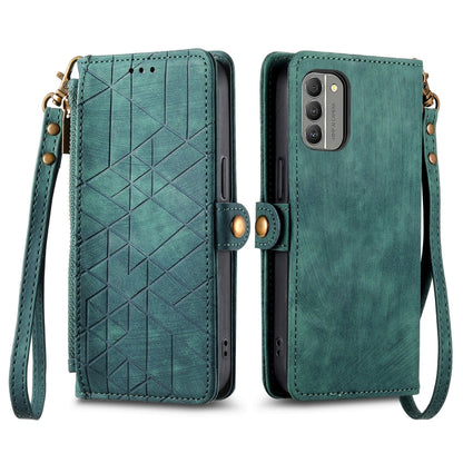 For Nokia C32 Geometric Zipper Wallet Side Buckle Leather Phone Case(Green) - Nokia Cases by buy2fix | Online Shopping UK | buy2fix