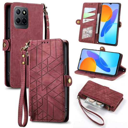 For Honor X8 5G Geometric Zipper Wallet Side Buckle Leather Phone Case(Red) - Honor Cases by buy2fix | Online Shopping UK | buy2fix