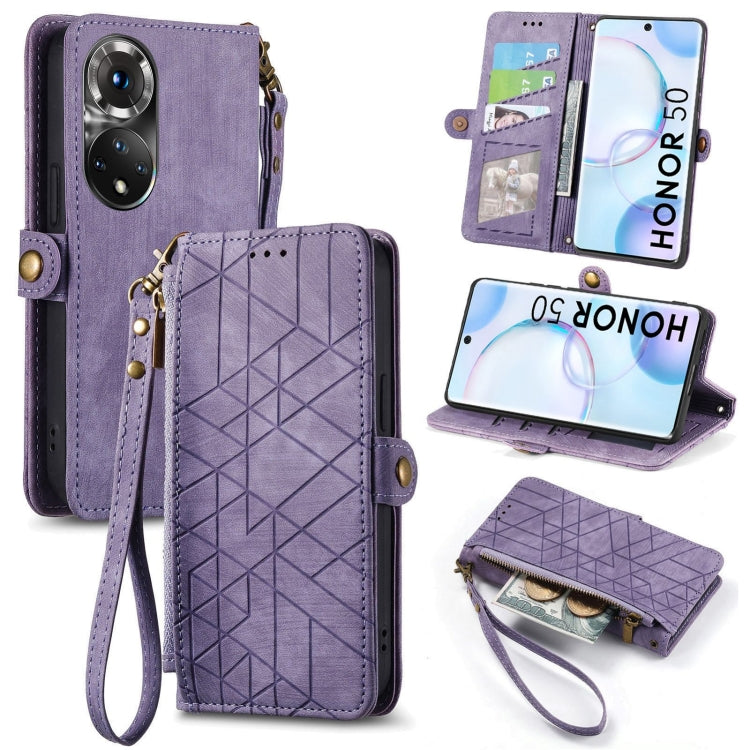 For Honor 50 Geometric Zipper Wallet Side Buckle Leather Phone Case(Purple) - Honor Cases by buy2fix | Online Shopping UK | buy2fix