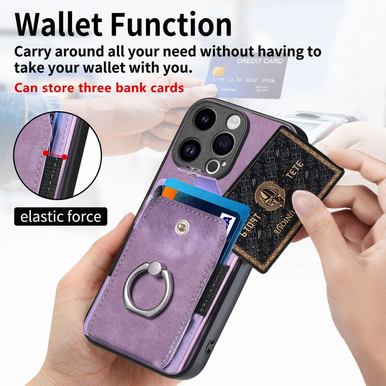 For iPhone 15 Pro Max Retro Skin-feel Ring Card Wallet Phone Case(Purple) - iPhone 15 Pro Max Cases by buy2fix | Online Shopping UK | buy2fix