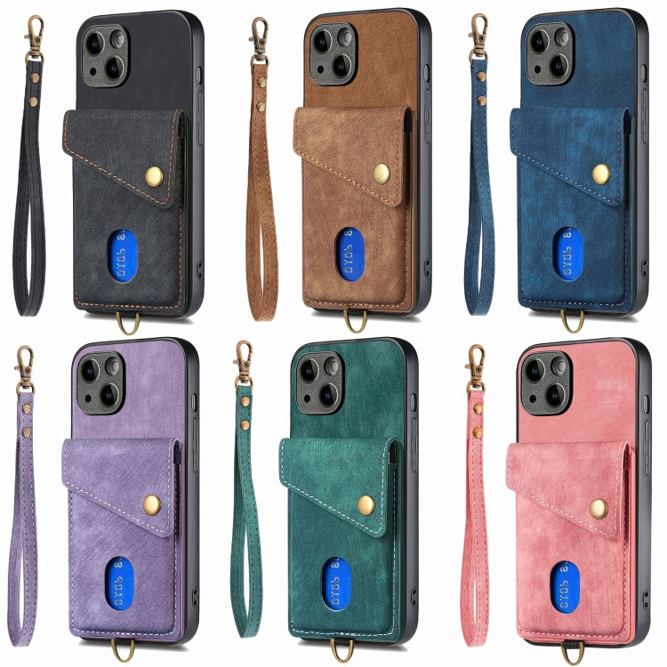 For iPhone 15 Pro Max Retro Card Wallet Fold Leather Phone Case with Strap(Purple) - iPhone 15 Pro Max Cases by buy2fix | Online Shopping UK | buy2fix