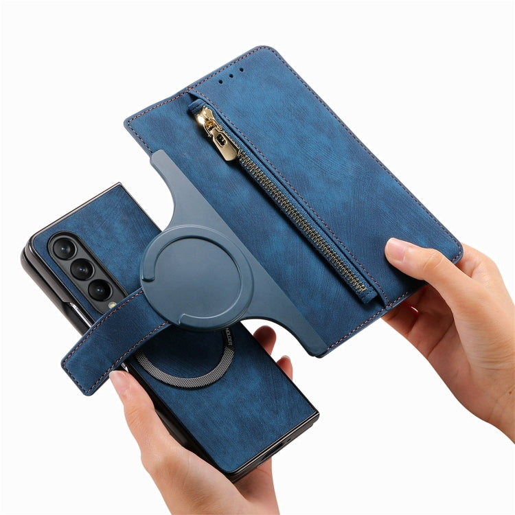 For Samsung Galaxy Z Fold4 Retro MagSafe Magnetic Zipper Wallet Leather Phone Case(Blue) - Galaxy Z Fold4 5G Cases by buy2fix | Online Shopping UK | buy2fix