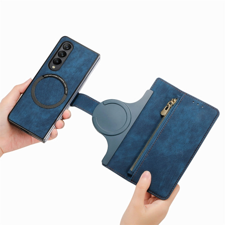 For Samsung Galaxy Z Fold4 Retro MagSafe Magnetic Zipper Wallet Leather Phone Case(Blue) - Galaxy Z Fold4 5G Cases by buy2fix | Online Shopping UK | buy2fix