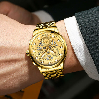 FNGEEN 4088 Men Hollow Quartz Watch Student Waterproof Luminous Watch(Full Gold Gold Surface) - Alloy Watches by FNGEEN | Online Shopping UK | buy2fix