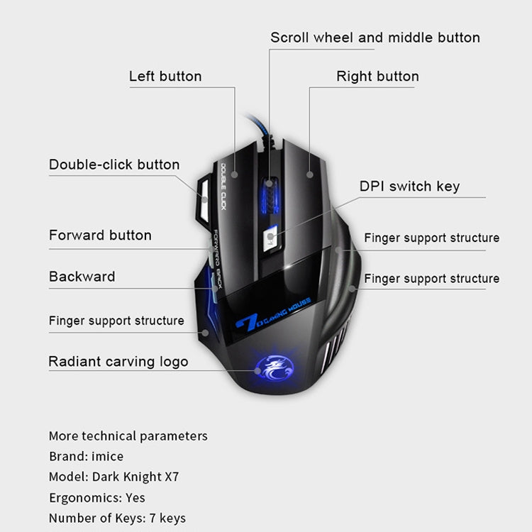 IMICE X7 2400 DPI 7-Key Wired Gaming Mouse with Colorful Breathing Light, Cable Length: 1.8m(Skin Black E-commerce Version) - Wired Mice by IMICE | Online Shopping UK | buy2fix